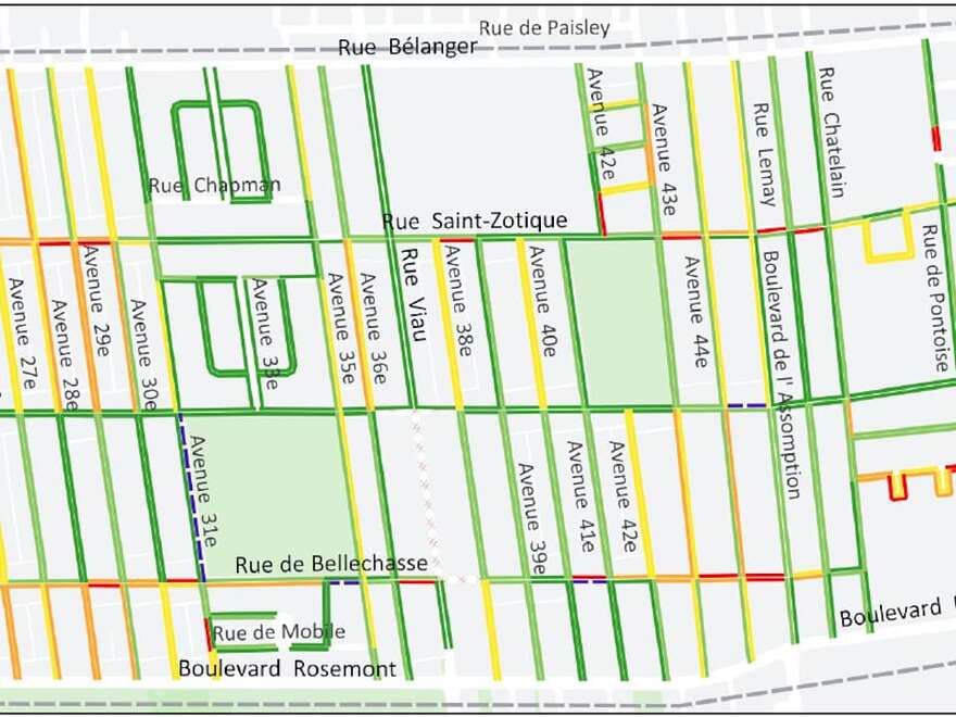 Les rues de larrondissement avec des codes de couleur vert jaune orange et rouge