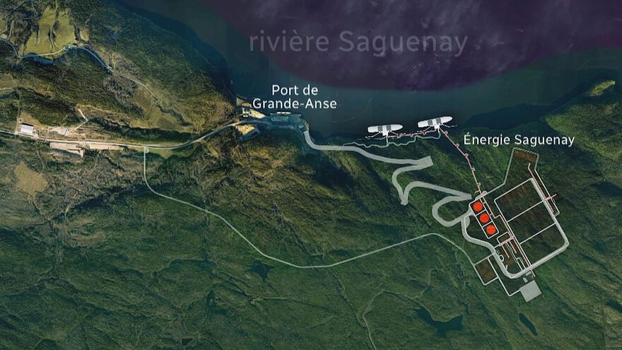 Une carte indiquant l'emplacement projetée de l'usine Énergie Saguenay.