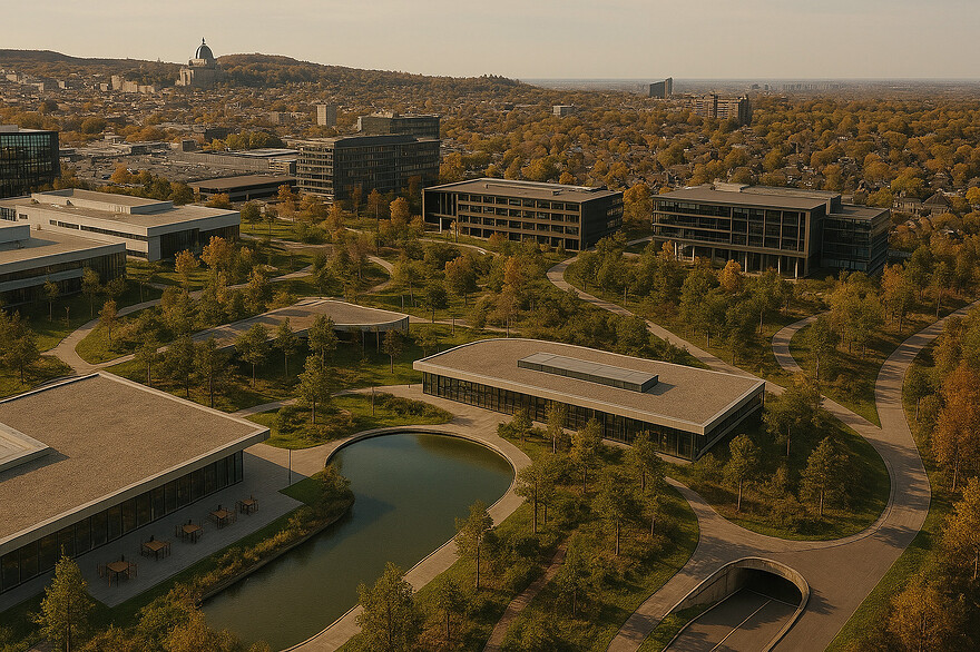 Replace the vacant lot at the front of the image with a suburban university campus, featuring a pond (1)