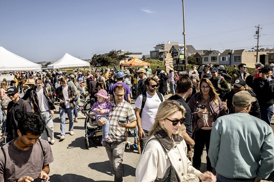 Crowds gather at Sunset Dunes in April.Photographer: Stephen Lam/San Francisco Chronicle via Getty Images
