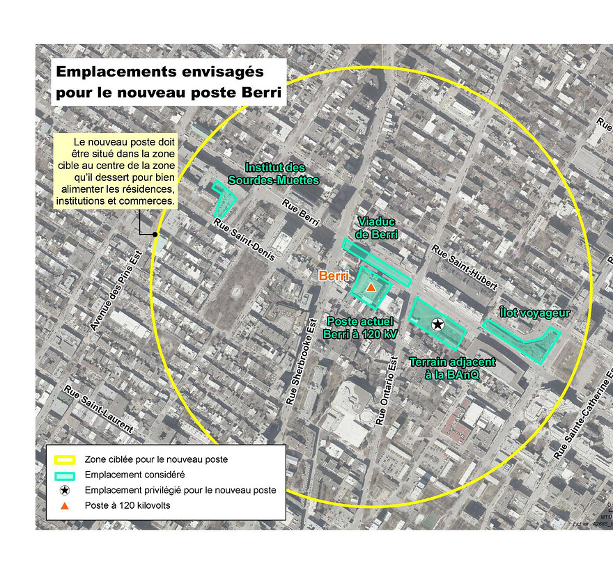 Emplacements envisagées pour le nouveau poste Berri © Hydro-Québec