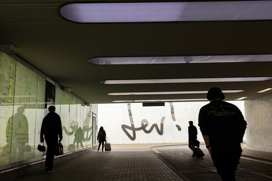 ‘This is an anti-violence space’ … Lev!, a glass artwork in a pedestrian tunnel at Umeå’s railway station. Photograph: Elin Berge