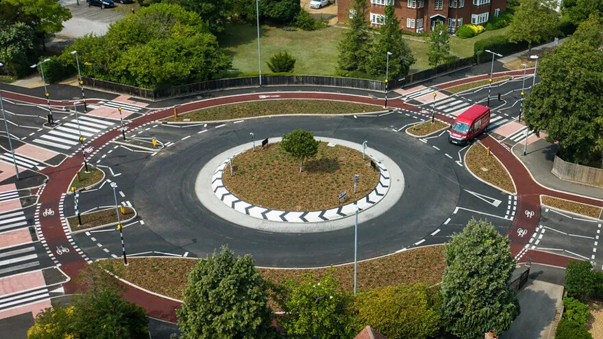 An aerial view of the £2.3m Dutch-style roundabout on Fendon Road, Cambridge, unveiled in July 2020 and the first of its kind in the UK ©Getty Images