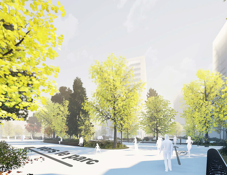 Zone 2: Perspective de la jonction de l’axe vert et des sentiers semi-publics