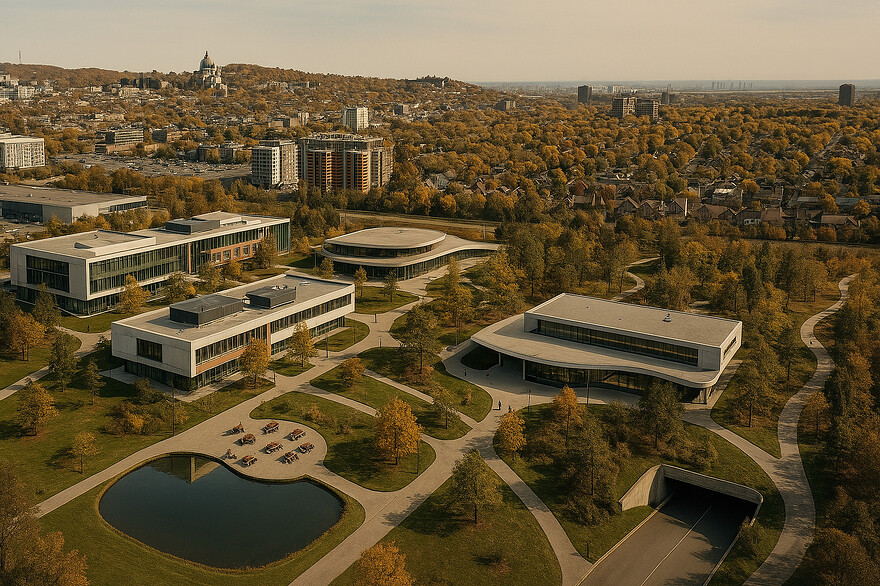 Replace the vacant lot at the front of the image with a suburban university campus, featuring a pond