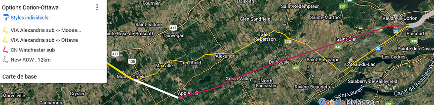 Les deux option entre Dorion et Moose Creek. Le Alexandria Sub appartient déjà à VIA mais est indirect et plein de virages. Le Winchester sub est plus direct et avec peu de passages à niveaux, mais demande d'assembler une nouvelle emprise de 12km et négocier avec le CN.