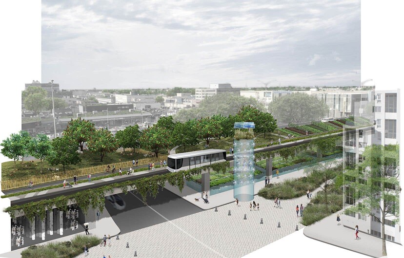 Projection du projet de la Métropoligne 40, où un immense potager urbain serait installé sur le tablier de l’autoroute Métropolitaine.