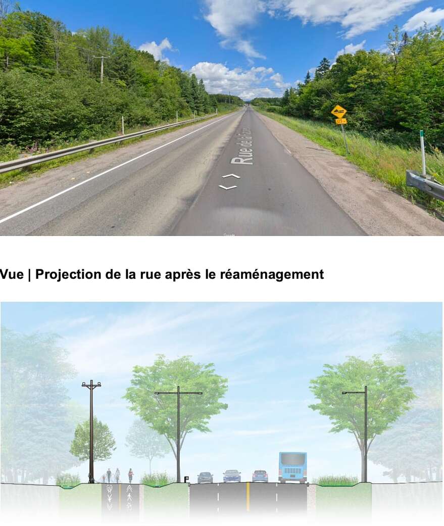 Une image actuelle de la rue de la Faune et une maquette après son réaménagement