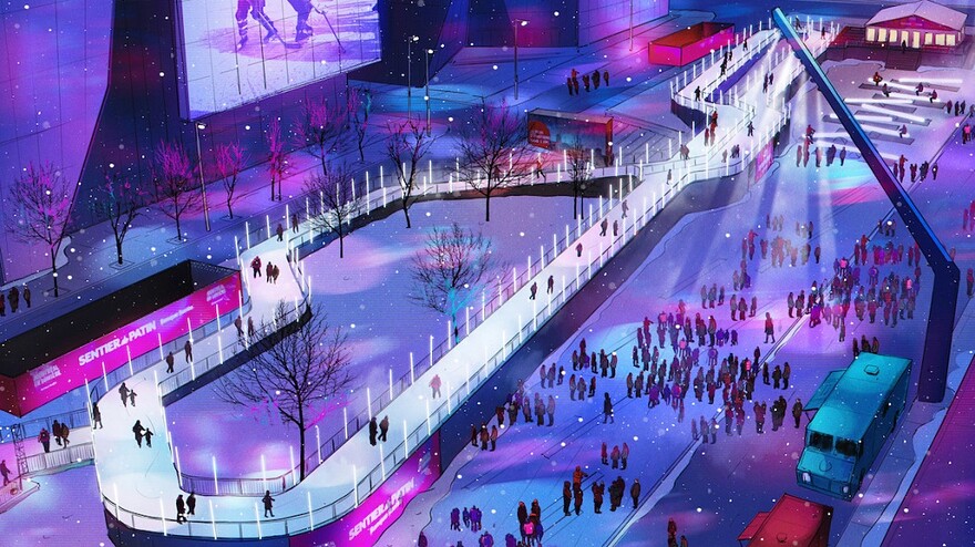 Une image du nouveau sentier de patin du festival 2022 de Montréal en Lumière, à la place des Festivals.