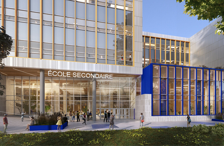 La future école d’Anjou, avec des touches bleues Québec, comme le veut la signature des nouvelles écoles secondaires.