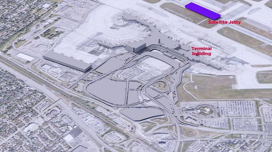 A digital rendering from Aéroports de Montréal shows the location of a proposed 16-gate satellite jetty on part of the former Runway 10/28, north of the main terminal building at Trudeau airport. Aéroports de Montréal