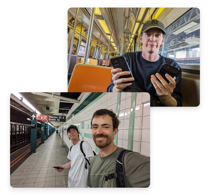 Deux photos d'Étienne et Elijah avec des téléphones intelligents dans le métro de la ville de New York.