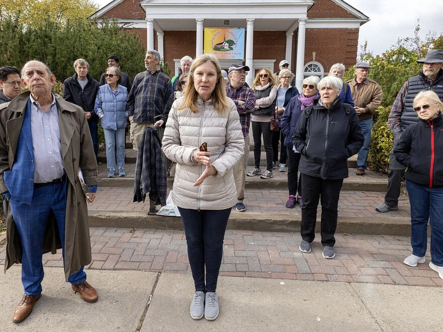 Terrebonne Ave. resident Valerie Keszey speaks at a news conference by N.D.G. residents against the bike path on that has been installed on Terrebonne Ave. in Montreal Wednesday Oct. 9, 2024. At left is former city councillor Marvin Rotrand. Photo by John Mahoney /Montreal Gazette