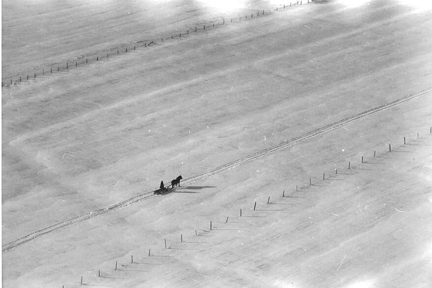 Un homme, un traîneau et un cheval dans la région de Bellechasse, en 1976