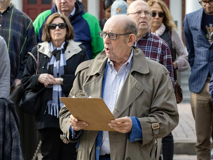 Former Montreal city councillor Marvin Rotrand speaks at a news conference by N.D.G. residents against the bike path on Terrebonne Ave. Wednesday Oct. 9, 2024. Photo by John Mahoney /Montreal Gazette