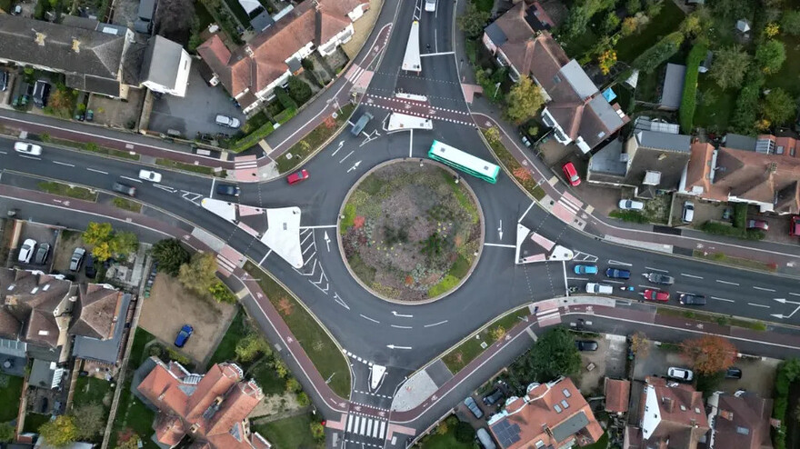 The signalised roundabout linking Milton Road and Elizabeth Way in Cambridge - known as the "birthday cake" roundabout