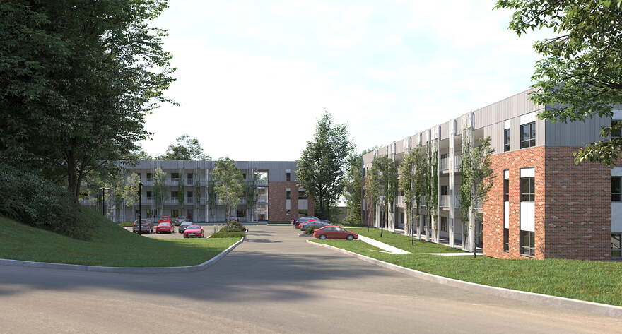 Le croquis du projet projeté sur la rue Belvédère Sud, sur l'actuel terrain de La Toque Rouge. (Photo gracieuseté - La Coopérative d'habitation des Cantons de l'Est)