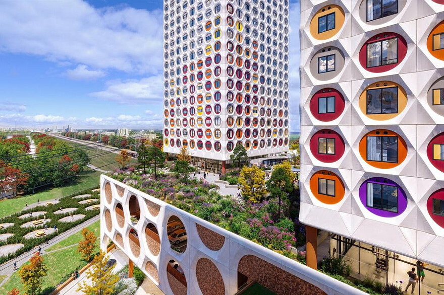 The concrete circles use a repeating pattern so only one pre-cast mould would be required. © The Mirage Studio880x586