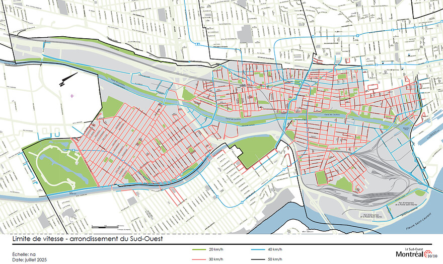carte des limites de vitesse dans l'arrondissement du Sud-Ouest  - Juillet 2025