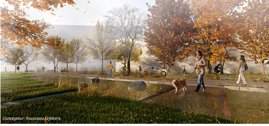 Les jardins: axe piétonnier en retrait de la rue du Séminaire, bordé d’espaces de biorétention. @Ville de Montréal - Mai 2025
