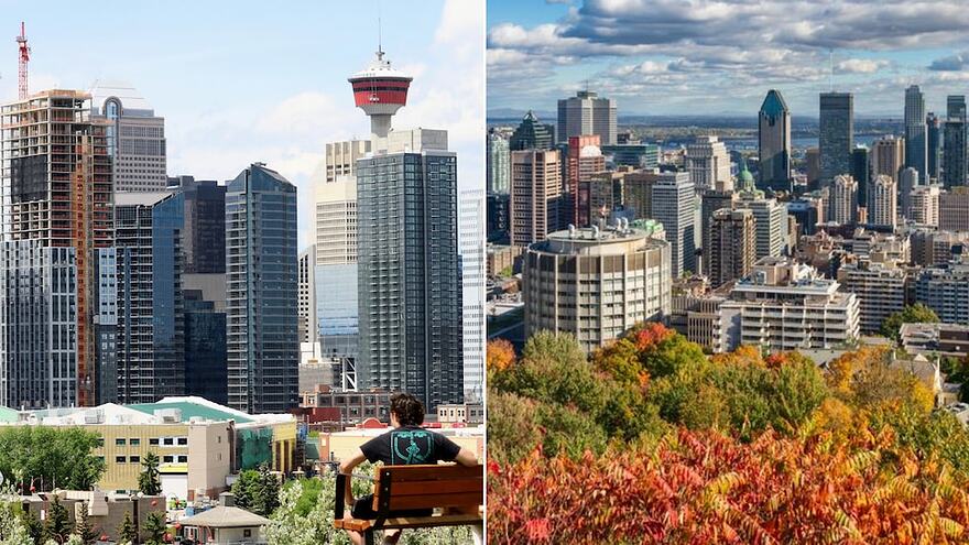 Montage de photos des centres-villes de Calgary et de Montréal.