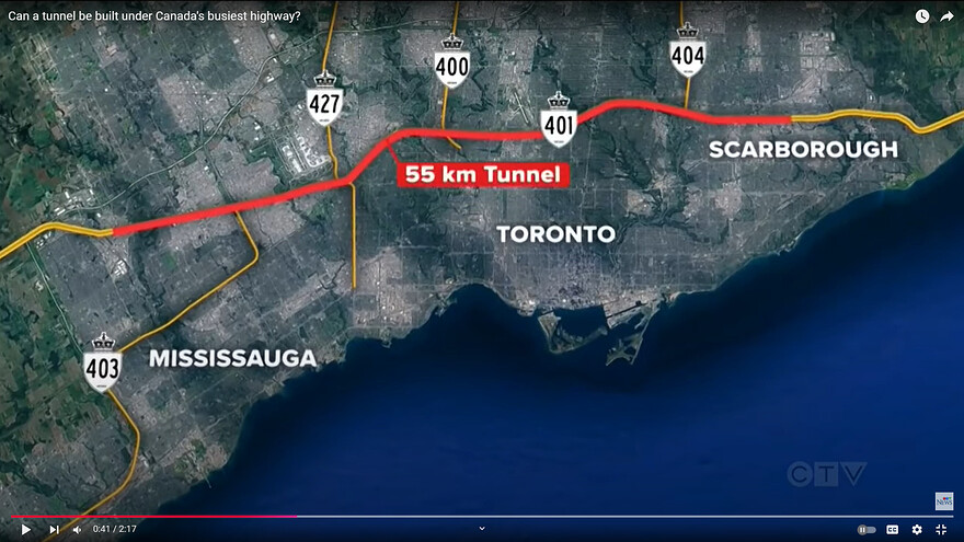 Carte du tunnel proposé sous l'autoroute 401 ©CTV News