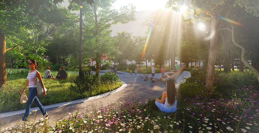 Le boisé : un espace densément planté qui accueille un sentier sinueux à travers différentes buttes  permettant d’accéder aux aires de jeu. @Ville de Montréal - Mai 2025