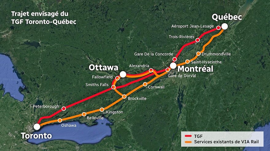 Le trajet du TGF passera sur la rive-nord et traversera les villes suivantes : Toronto, Peterborough, Smiths Falls, Fallowfield, Ottawa, Alexandria, gare de Dorval, Montréal, gare de la Concorde, Trois-Rivières, l'aéroport Jean-Lesage et Québec.