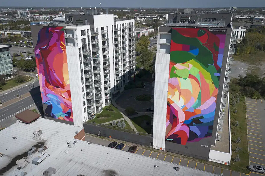Majestueuses jumelles de Jacquie Comrie. L’œuvre fait dos à l’autoroute 15, car les murales ont été faites pour les Lavallois ©Patrick Sanfaçon / La Presse