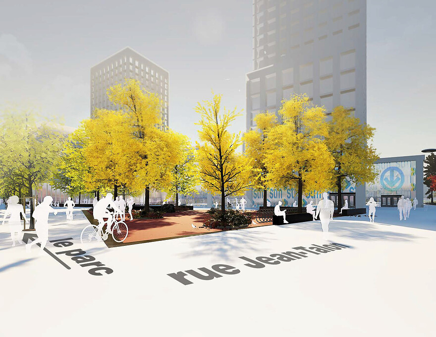 Zone 1: Perspective de la place publique du métro vue depuis la rue Jean-Talon Est
