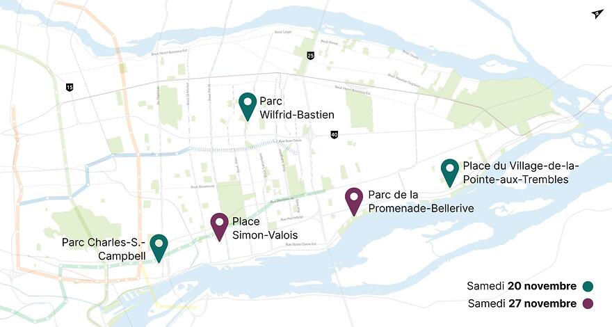 Carte des différents parcs à Montréal où les experts du REM de l'Est seront présents les 20 et 27 novembre prochains.