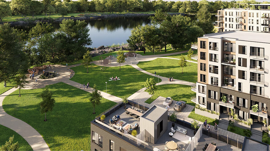 Une esquisse de l'écoquartier qui sera construit en plein coeur du centre-ville de Drummondville. Photo : Photo fournie : Construgep