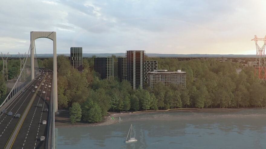 La maquette du projet Cocité à Lévis permet de voir les édifices en hauteur qui sont projetés en bordure du fleuve et du pont Pierre-Laporte.