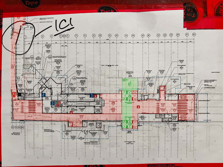 Floorplan on the McGill REM station, with the closed sections labeled in red, and open labeled in green. The hallway between Montreal Trust and Eaton Centre has been expanded slightly, with more in the future. The passageway to the métro and northern REM entrance is still closed.