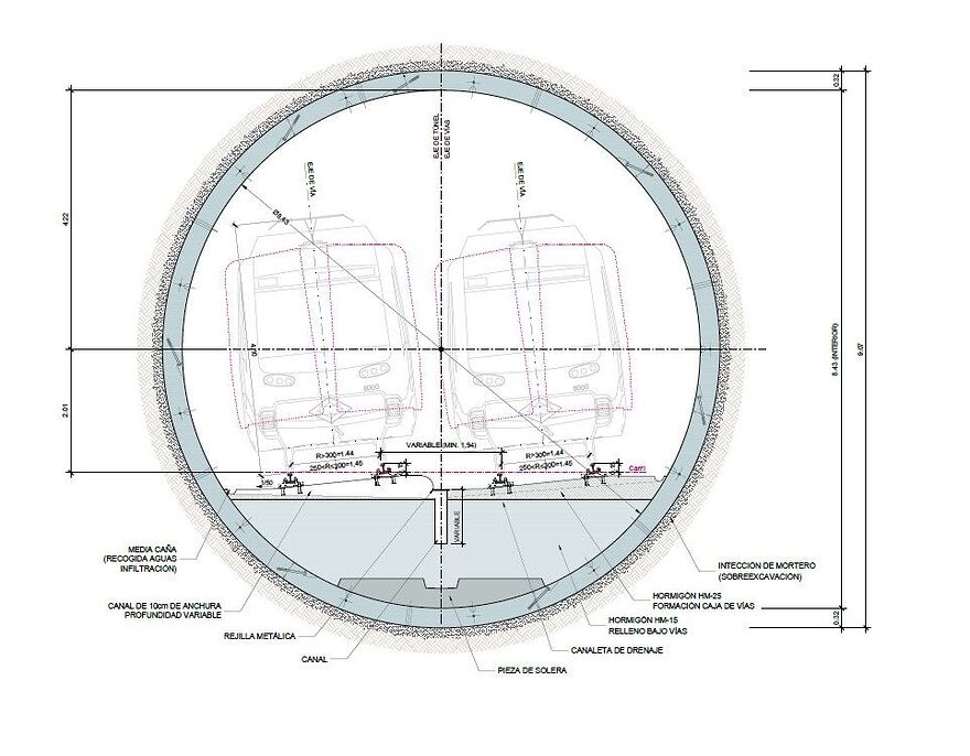 Spanish metro tunnel plan. There is two tracks side-by-side and very little space between the trains and the tunnel walls