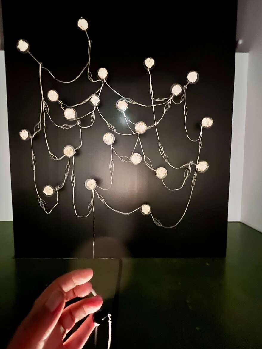 L’installation <em>Armillaria mellea</em> d’Amélie Brindamour invite le visiteur à placer un doigt dans le capteur de fréquence cardiaque afin d’entrer en contact avec le mycélium, qui allume selon le pouls de chaque personne.