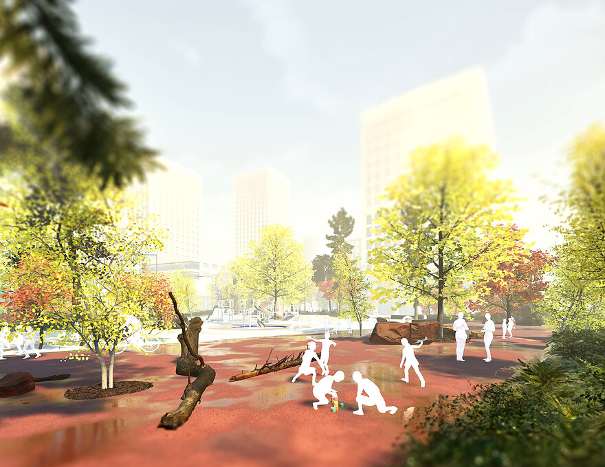 Zone 2: Perspective de l’axe vert et de son parc P2 avec une aire de jeux pour enfants