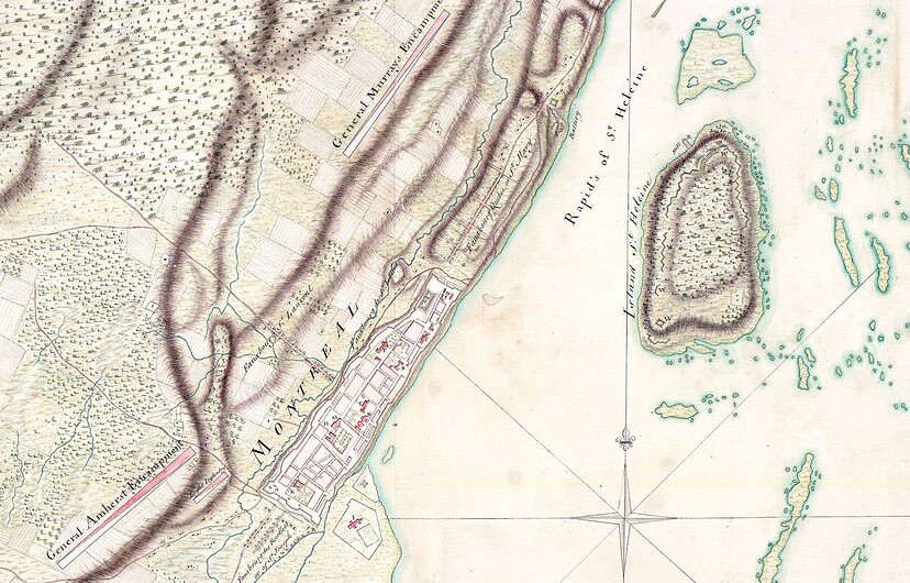 Carte de l’île Sainte-Hélène et de Montréal en 1760.