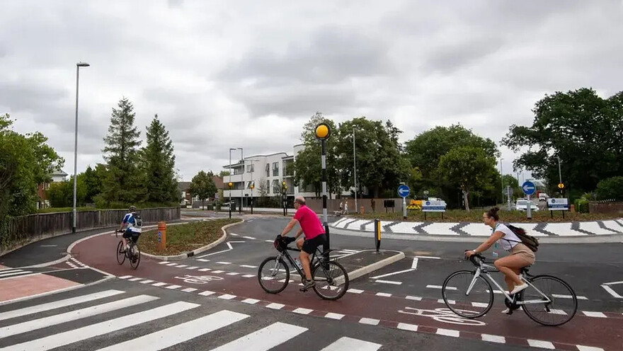 The Fendon Road roundabout gives priority to cyclists with an orbital cycle path ©PA Media