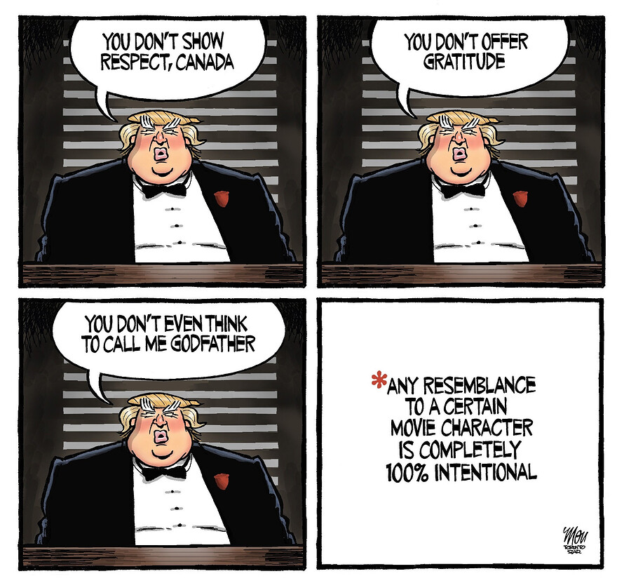 Caricature de Donald Trump dans le personnage de Vito Corleone du film The Godfather de Francis Ford Coppola © Theo Moudakis pour le Toronto Star