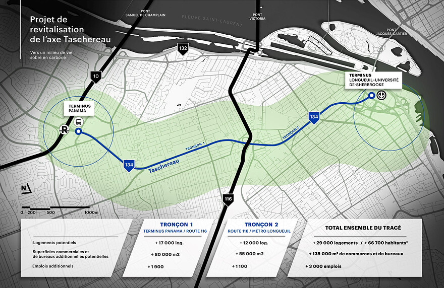 Carte du boulevard Taschereau - Le tracé du futur SRB qui relierait la station Panama du REM au terminus Longueuil © Ville de Longueuil