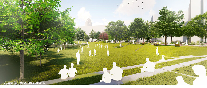 La plaine: des gradins comme lieu d’arrêt et d’assise lors de la tenue d’évènements, offrant une vue sur l’ensemble sur le parc (dénivelé de 1,2 m). @Ville de Montréal - Mai 2025