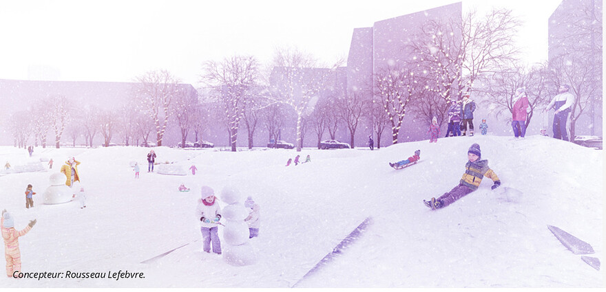 La plaine: un vaste espace offrant une opportunité de jeux hivernaux grâce aux différences topographiques environnantes dans un espace sécuritaire par rapport aux rues. @Ville de Montréal - Mai 2025