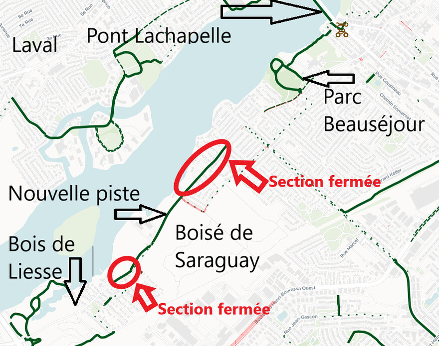 Deux sections de la nouvelle piste cyclable dans Saraguay seront fermées en attendant le retrait de poteaux en 2028. JDV / Carte VéloInfo, ajouts Philippe Rachiele