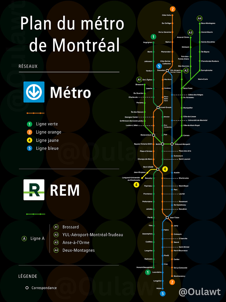 Dark Vertical Montreal Rapid Transit Map