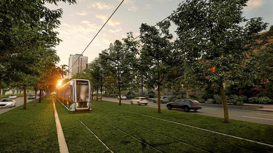 En 2023, le projet de tramway de la Ville de Québec se verra attribuer un budget de 439,1 millions $, compris dans l’enveloppe de 3,491 milliards $, prévue dans le Plan décennal des immobilisations. Sur la photo, une projection de ce qu’aura l’air le projet sur le boulevard Laurier.