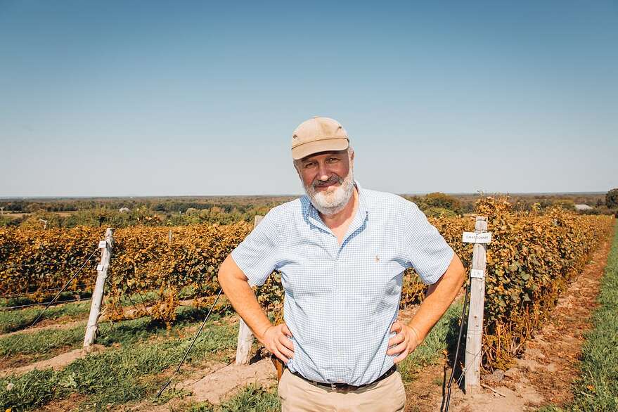 Charles-Henri de Coussergues, vigneron et copropriétaire du Vignoble de l'Orpailleur devant ses précieuses vignes de Chardonnay.