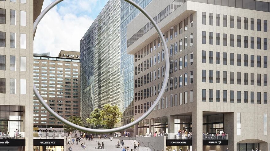 Modélisation d'un anneau géant suspendu entre deux immeubles de Place Ville Marie à Montréal.