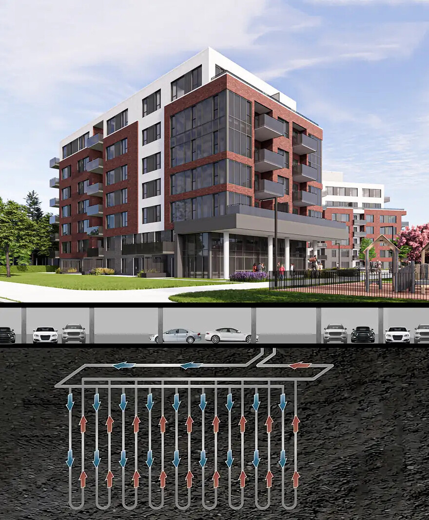 ILLUSTRATION FOURNIE PAR QUORUM - Un système de géothermie de pointe a été installé sous le stationnement souterrain des quatre immeubles locatifs du Quartier Dalia.880x1068