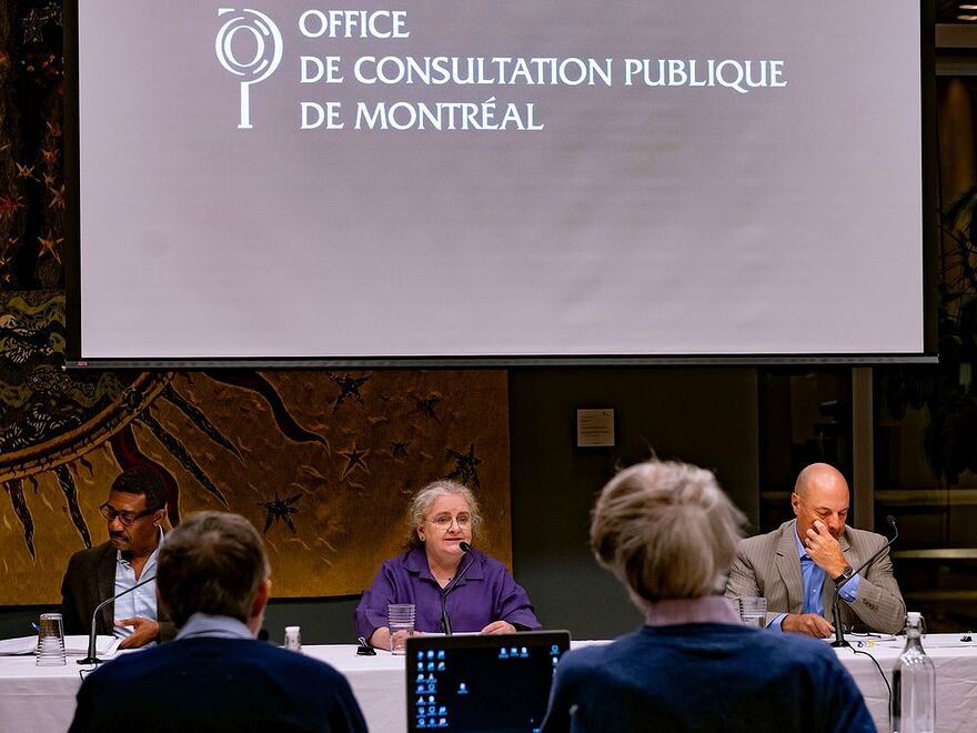 Pierre-Constantin Charles, left, Marie Leahey and Jacques Internoscia open the public hearings on Montreal’s 2050 City Vision urban and mobility master plan on Tuesday, October 11, 2022.